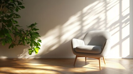 Cozy armchair in sunlit room with shadows on wall, minimalistic design concept