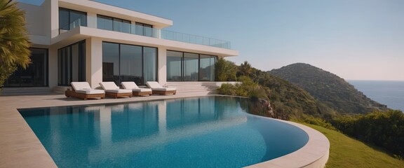 Fototapeta premium A large white house with a swimming pool in front of it