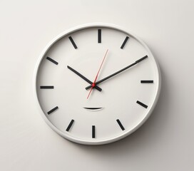 Clean and modern illustration of a minimalist white wall clock with black hour and minute hands, and a red second hand. The design is simple and elegant, making it a perfect representation of