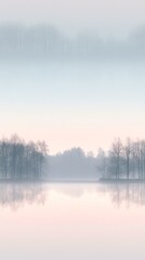 Serene lakeside landscape with misty trees reflecting on calm water at sunrise. Tranquil scene with pastel colors and peaceful atmosphere.