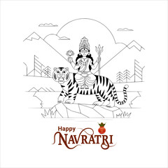 Happy Navratri festival celebration poster or banner design, illustration of Goddess Durga Maa, woman dancing with dandiya stick and drummer