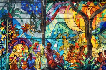 A detailed image of a mural painted on a city wall, depicting scenes from various religious traditions, promoting peace and understanding.