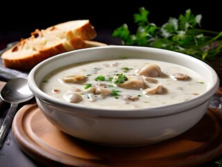 Clam chowder soup with vegetables, aperitif, appetizer. generative AI