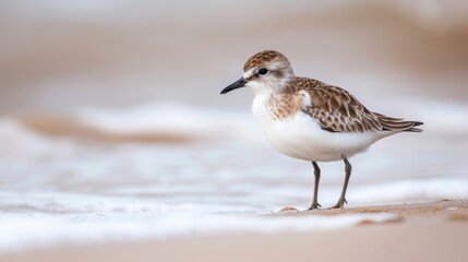 Obraz premium A small shorebird standing calmly on the beach by the gentle waves, enjoying its surroundings and looking for food.