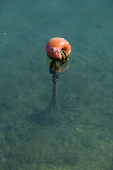 orange Boje in einem Hafen (nautic sea buoy) - Hochformat