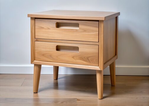 Sleek and modern design, this wooden bedstand boasts two drawers and a shelf for ample storage, with clean lines and a minimalist aesthetic.