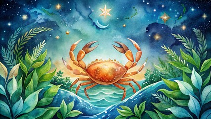 A delicate, dreamy watercolor illustration of a crab symbol against a soft, starry night sky, surrounded by gentle
