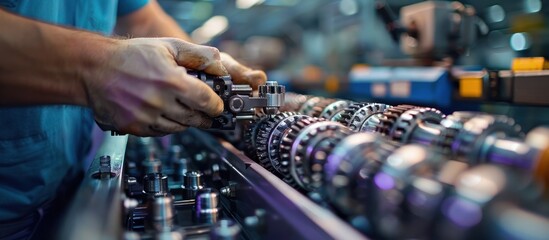 Close up of an audio mixing console with numerous controls knobs and buttons in a professional recording studio setup  The equipment is used for music production sound engineering