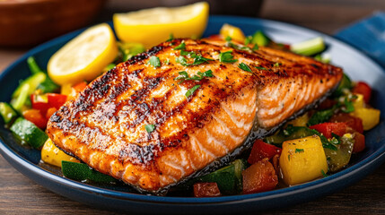 A beautifully grilled salmon fillet sits atop a bed of fresh vegetables, drizzled with lemon butter sauce.