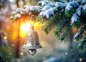 A delicate, intricately designed silver bell Christmas ornament hangs suspended from a festive evergreen branch,