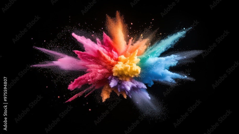 Poster a digital illustration of a single firework exploding in a burst of rainbow colors against a black b