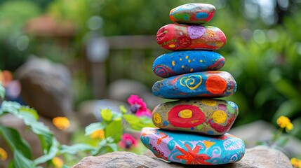 Beautifully painted stones with children's art and positive affirmations stacked in a community zen garden offering a vibrant and tranquil space for mindfulness and relaxation surrounded by nature