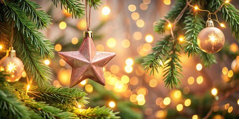 A delicate, sparkling pink star ornament hangs from a festive garland, surrounded by lush greenery and soft golden