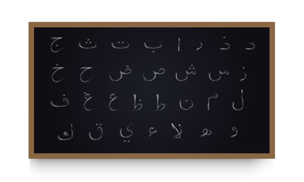 Arabic calligraphy script, naskh chalk letters on chalkboard for educational design. Arabian text, Islamic typography. Vector typeset.