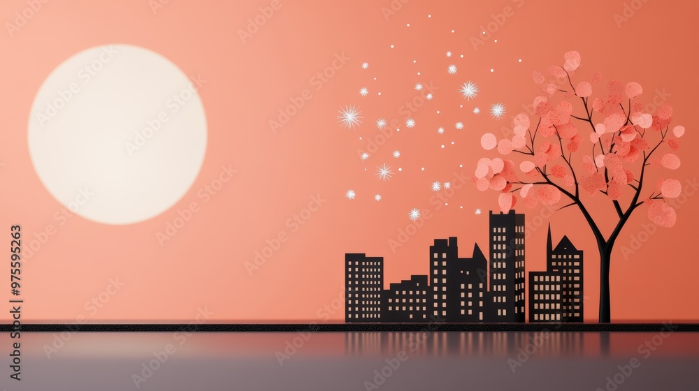 Poster a silhouette of a city skyline with a firework display in the background, creating a dramatic and fe