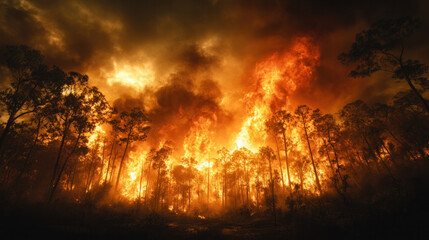 Naklejka premium A bright orange blaze lights up the night sky, spreading rapidly through a dense forest.