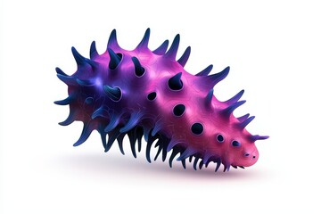 A vibrant, surreal sea creature showcasing a mix of purple and blue hues with spiky protrusions and dark spots.