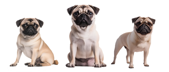 Pug Dogs Standing and Sitting Isolated on Transparent Background, Cut Out, Collection Pet