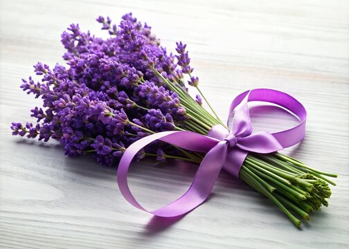 A delicate purple ribbon wrapped around a bouquet of lavender flowers symbolizes awareness, support, and hope for those