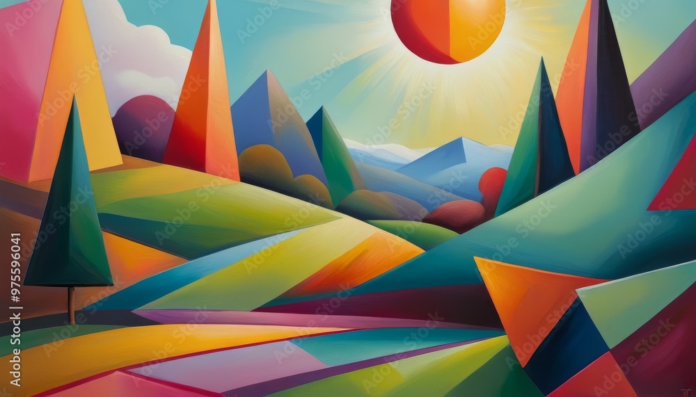 Poster a vibrant and abstract landscape painting featuring geometric shapes and a bright sun. the image sho