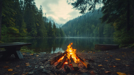 A campfire is reflected on a nearby lake, creating a serene and peaceful atmosphere.