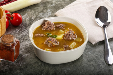 Soup with beef meatball and vegetables
