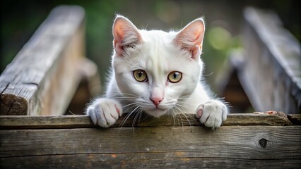 A determined white cat clings to a worn wooden plank, its paws grasping tightly, conveying resilience and perseverance