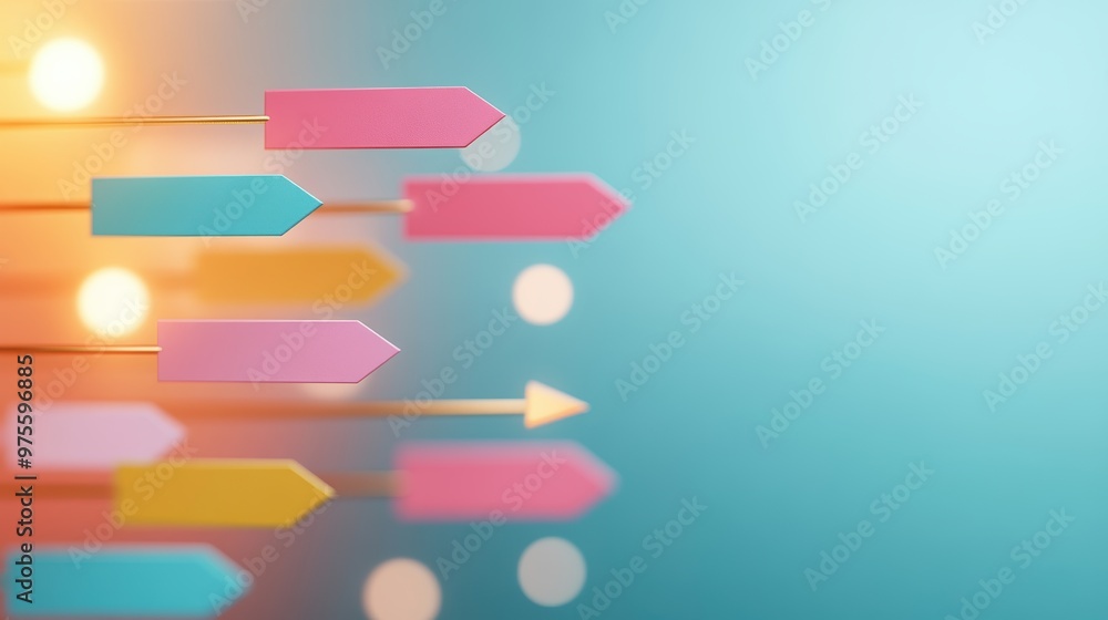 Poster arrows with labels illustrating steps in a workflow, displayed on a colorful, vibrant background.