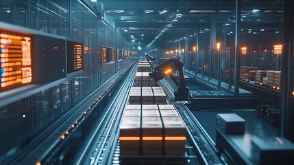 A modern automated warehouse with robotic arms managing packages on conveyor belts.