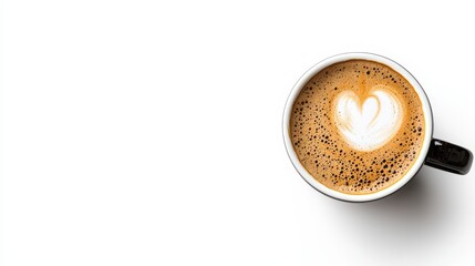 A beautifully crafted cup of coffee with heart-shaped milk foam, perfect for showcasing the art of barista skills and coffee culture.