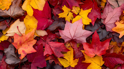 Fototapeta premium pile of fallen maple leaves in varying shades of red and yellow, capturing the rich textures