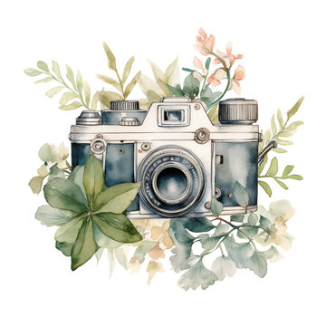 vintage photo camera with spring flowers isolated, stylish vatercolor illustration