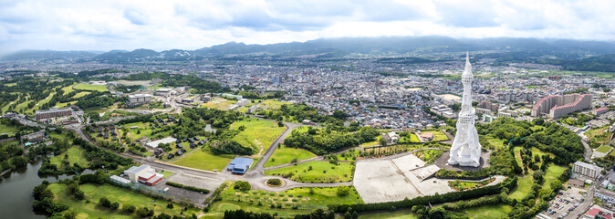 Fototapeta premium Aerial view of The Great Peace Prayer Tower or PL Peace Tower, in Osaka, Japan