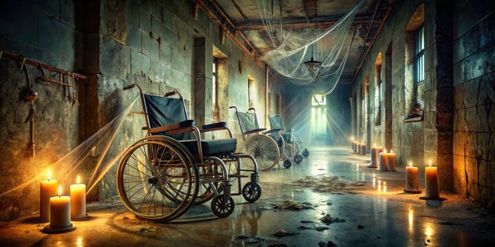 A dimly lit, abandoned asylum corridor with rusty wheelchairs, cobweb-covered skeletons, and flickering candles, evoking a hauntingly eerie atmosphere of dread and macabre terror.