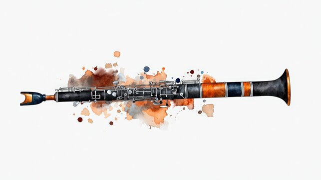 watercolor clarinet instrument, black, orange, white background clip art preview