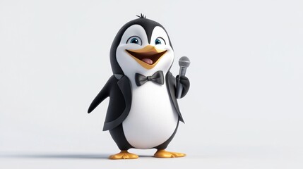 Obraz premium Cute Cartoon Penguin Holding Microphone