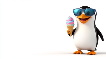 Obraz premium Cute Penguin Wearing Sunglasses Holds Ice Cream Cone