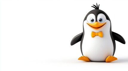 Fototapeta premium Cute Cartoon Penguin with Yellow Bow Tie on White Background