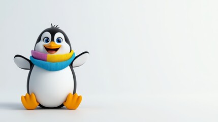 Obraz premium Cute Penguin Cartoon Character Wearing Scarf Isolated on White Background