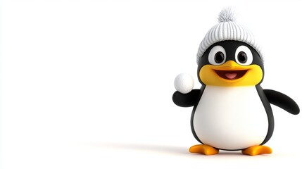 Naklejka premium Cute Penguin Holding a Snowball Wearing a Winter Hat