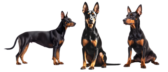 Doberman Pinscher Dogs Standing and Sitting Isolated on Transparent Background, Cut Out, Collection Pet
