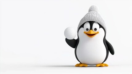 Fototapeta premium Cute Penguin Wearing a Knitted Hat Holding a Snowball