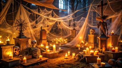 A dimly lit, eerily decorated Halloween party scene features candles, cobwebs, and a giant spider web covering a sprawling graveyard of cardboard tombstones and fake skeletons.