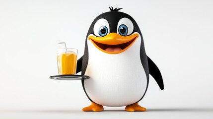 Obraz premium Happy Penguin Cartoon Character Serving Orange Juice