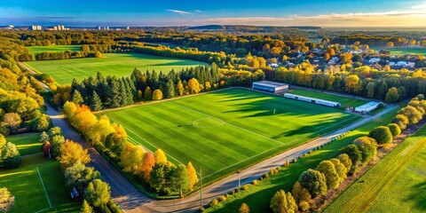 Fototapeta premium Soccer fields spread out like a canvas of emerald green, framed by colorful trees and a brilliant blue sky that stretches across the horizon.