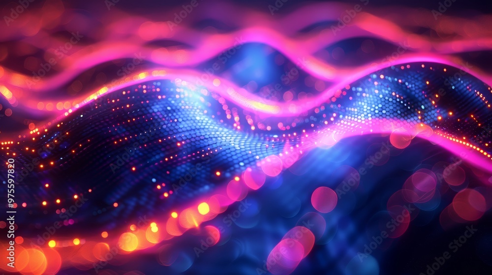 Wall mural abstract digital wave with glowing particles and bokeh effect.