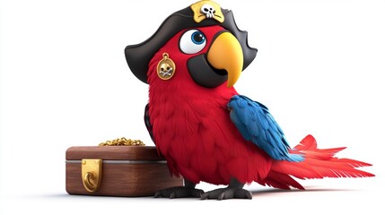 Fototapeta premium Pirate Parrot with Treasure Chest