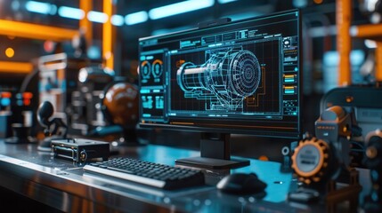Cutting Edge Futuristic Digital Interface Showing Advanced 3D Engineering Schematic Diagram on High Tech Computer Monitor  Sleek and Sophisticated Technical Design Concept for Innovation Research