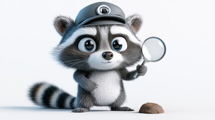 Fototapeta premium Cute Raccoon Detective with Magnifying Glass and Evidence