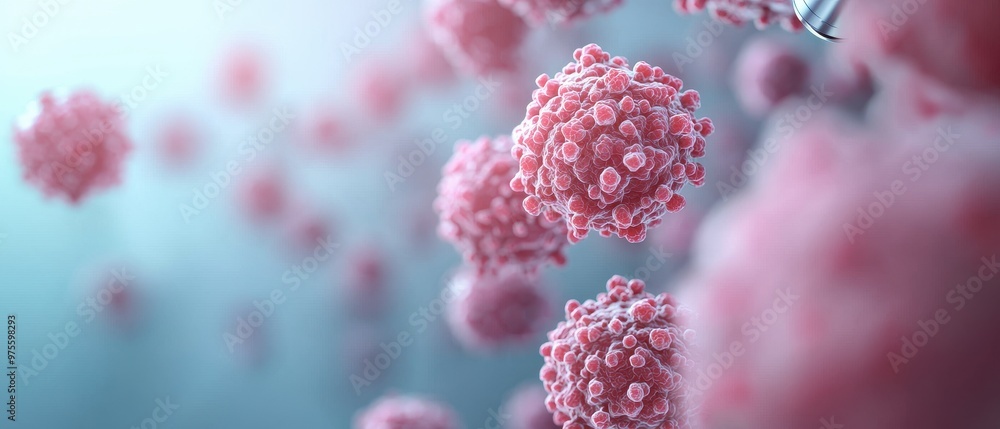 Poster an abstract depiction of pink virus particles, illustrating the complexity of viral structures in a 